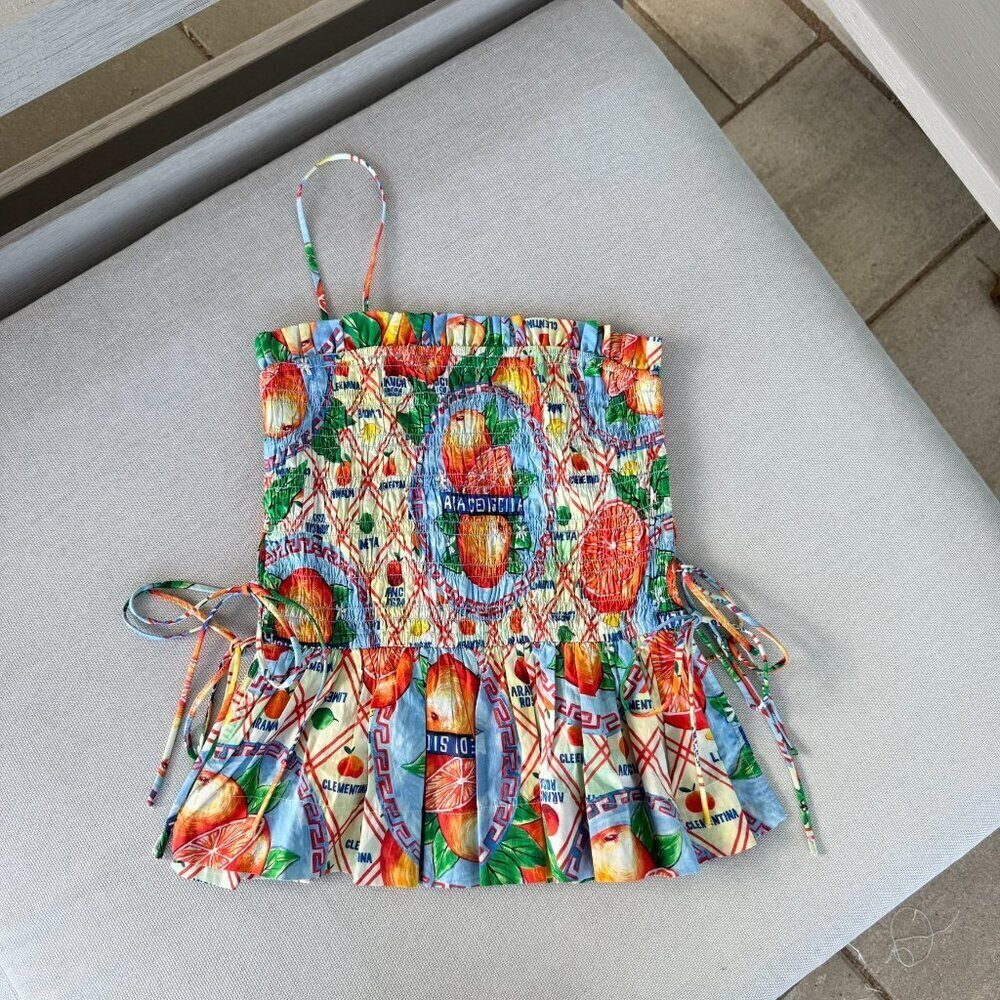 Damson Madder Marina Side-Tie Smocked Cami Top Orange Fruit Print 8